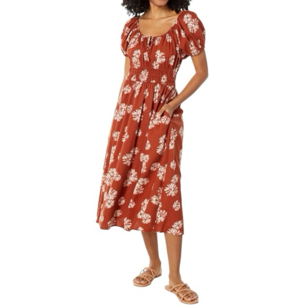 Madewell Linen-Blend Sophia Rust Orange Floral Boho Midi Dress with Pockets